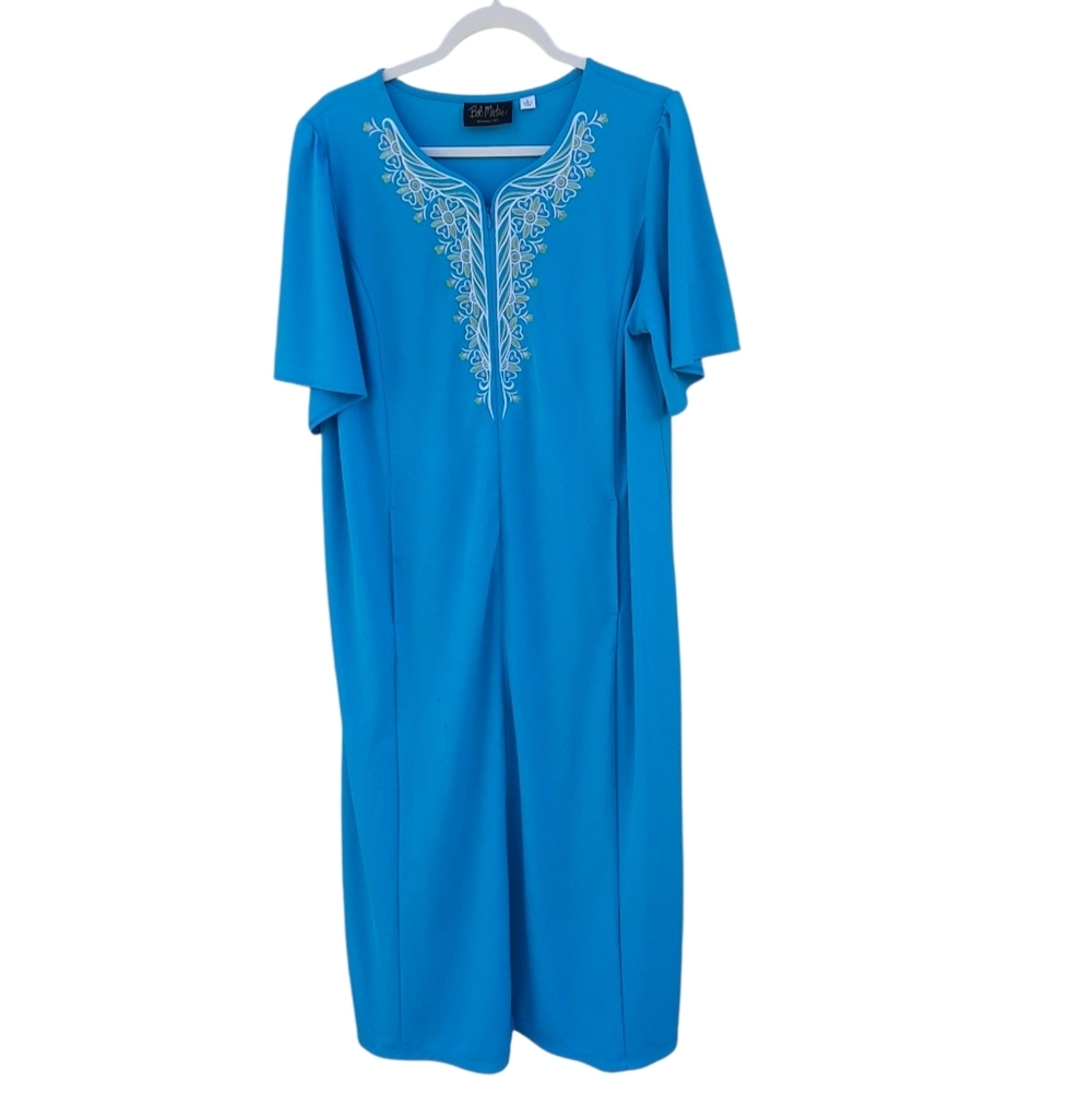 Bob Mackie Wearable Art Embroidered Blue Maxi House Dress Vintage Size Large